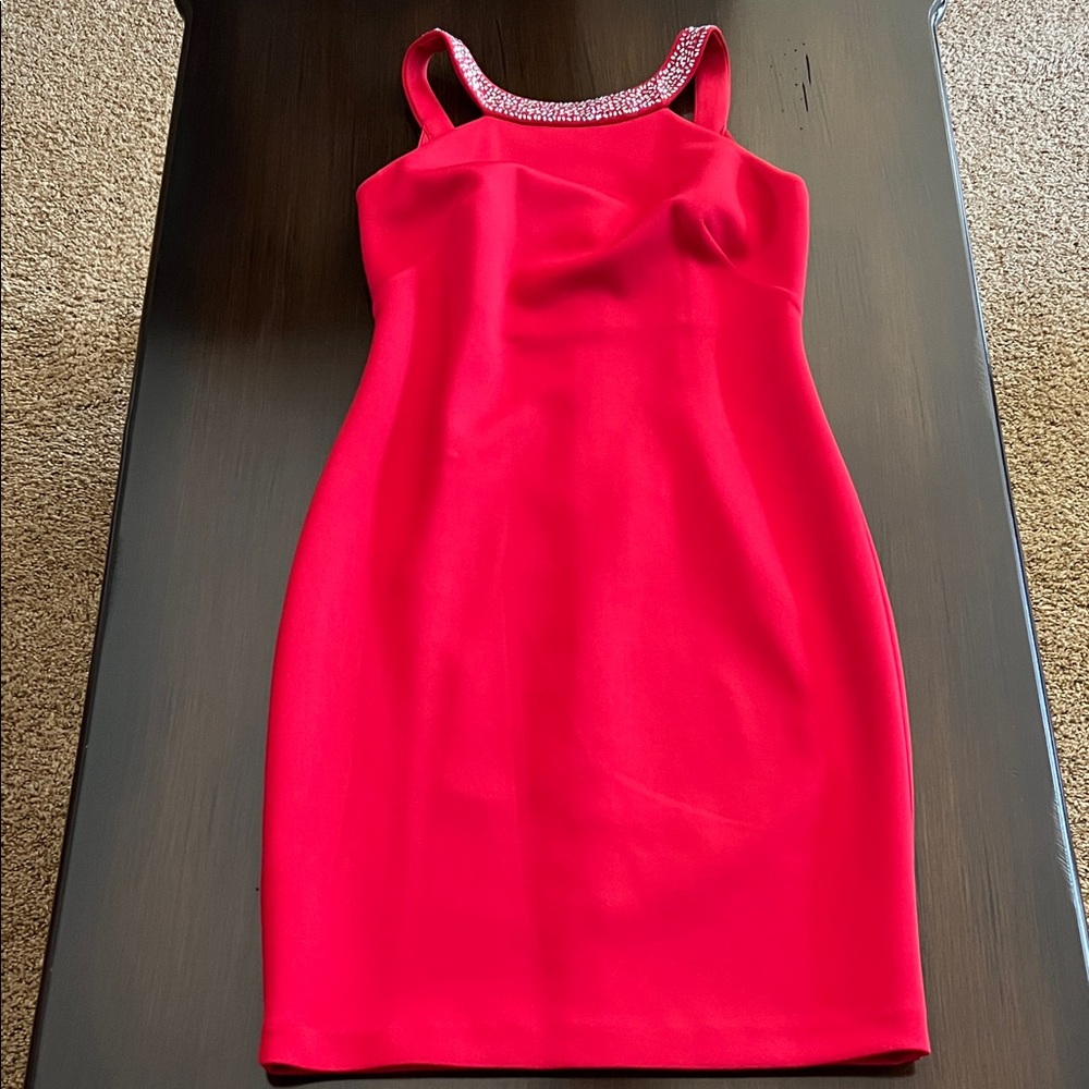 Calvin Klein Sleeveless Red Cocktail Dress with Silver Beaded Neckline Size 8